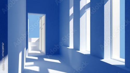 Immagine di sfondo di uno spazio vuoto in toni di azzurro con un gioco di luci e ombre sulla parete e sul pavimento per lavori di progettazione o creativi