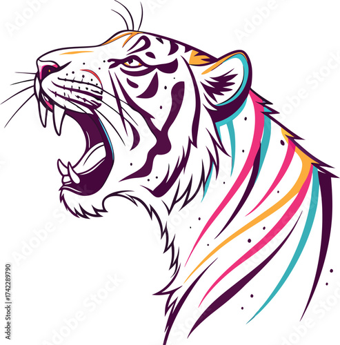 Dynamic, vibrant tiger head illustration with bold, colorful abstract splashes conveying power and wild spirit