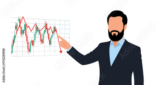 Businessman pointing at a stock market chart showing a downward trend.