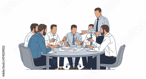 Business team meeting around a table discussing project strategy.
