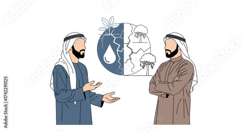 Two Arab men discussing environmental issues and sustainability with a globe.
