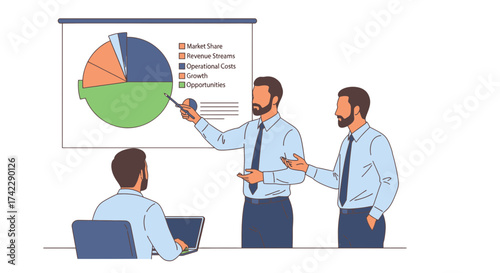 Business presentation with pie chart and three men discussing.