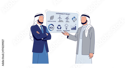 Two Arab Businessmen Discussing Sustainability Project with ROI and Green Initiatives.