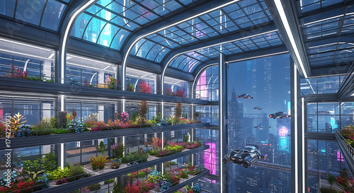 Futuristic Botanical Oasis: A visionary architectural design showcases a serene botanical garden within a modern structure, blending nature and innovative technology.