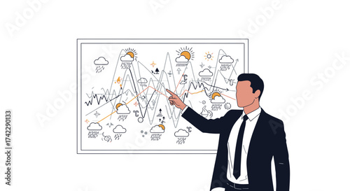 Businessman presenting weather forecast data analysis on a chart.