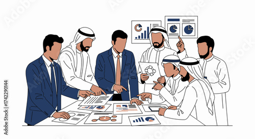 Business meeting of diverse professionals discussing financial reports and charts.