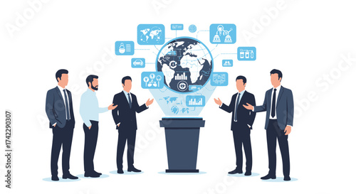 Business team discussing global technology and data analysis presentation.