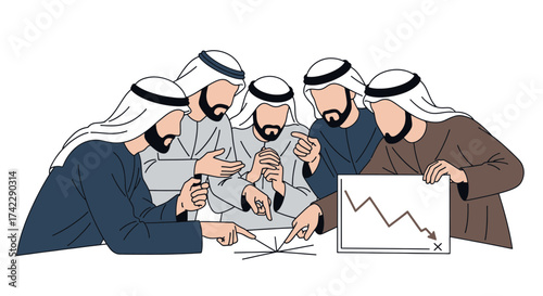 Business meeting of Arab men analyzing financial data and charts.