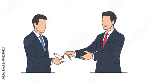 Two businessmen exchanging a sealed envelope business deal concept illustration.