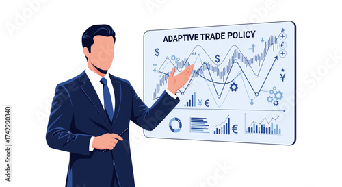 Businessman presenting adaptive trade policy with financial charts and graphs for business strategy.