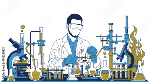 Scientist in Lab Conducting Experiments with Chemical Equipment and Microscopes.