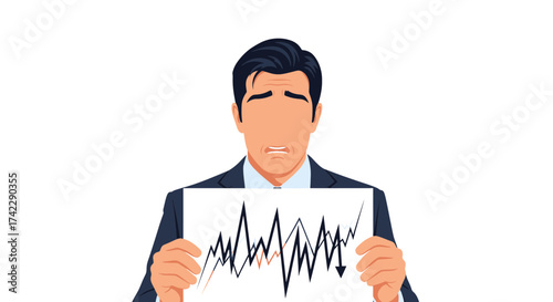 Businessman holding a chart showing financial decline and economic crisis.
