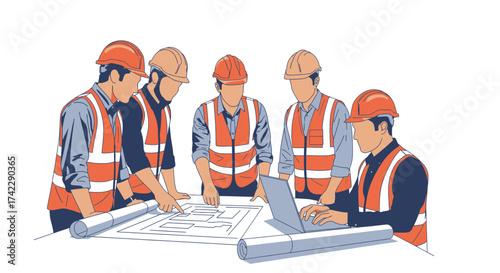 Construction workers team meeting to discuss project plans and blueprints.