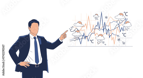 Weather forecaster presenting a weather chart with clouds and temperature symbols.