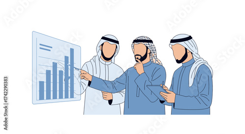 Arab businessmen discussing financial data on a chart during a meeting.