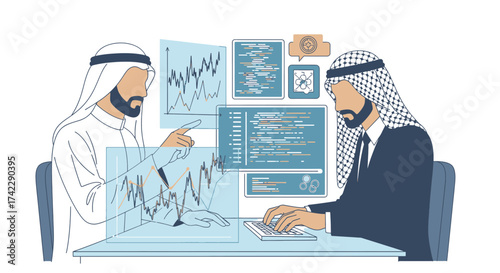 Two Arab men working on a computer with data analysis and coding.