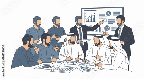 Business meeting with diverse group of people discussing strategy.