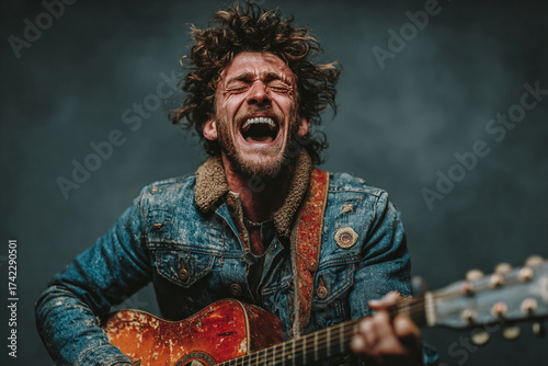 Energetic Rock Singer Performing with Electric Guitar and Microphone on Grey Background