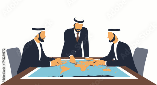 Arab businessmen discussing global strategy around world map.