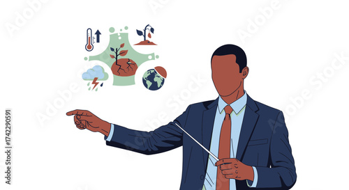 Climate change presentation with a man pointing at the effects of global warming.