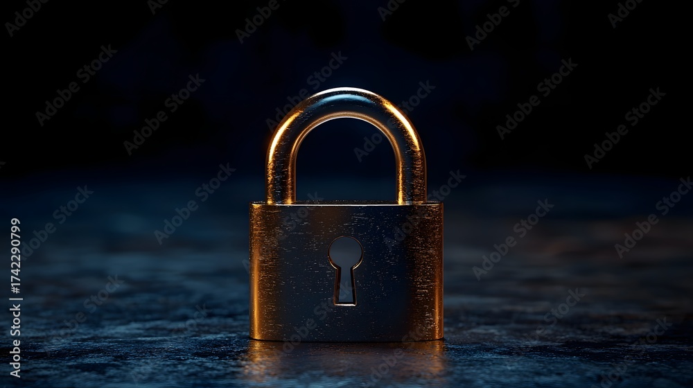 Fototapeta premium A golden padlock symbolizing security and protection rests on a dark textured surface with dramatic lighting