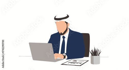 Arab businessman working on laptop at desk with documents and pens.