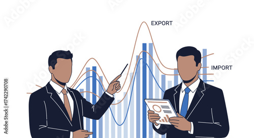 Business professionals analyzing financial data and export import trends.