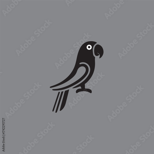 Silhouette style vector minimal parrot logo design icon in black color, simple line art illustration, creative branding element for birds, tropical wildlife, nature, merchandise, digital projects, mod