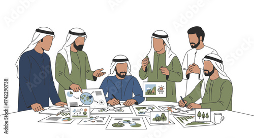 Arabian men in traditional attire discussing business plans at a table.