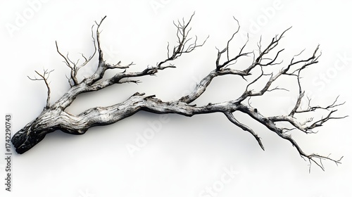 A gnarled old dead tree branch weathered and bare isolated against a clean white background