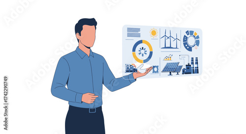 Man presenting energy efficiency data on a digital screen.