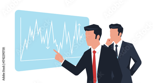 Business professionals analyzing financial data on a chart discussing market trends.