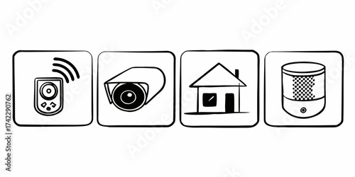 Home automation icons depicting a security system camera house and smart speaker in black and white style