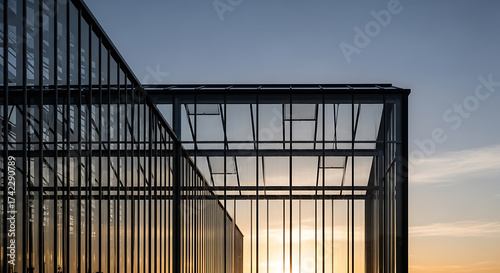 Glass Greenhouse Architecture: A modern glass greenhouse structure stands bathed in the warm hues of the setting sun, with clean lines of architectural.