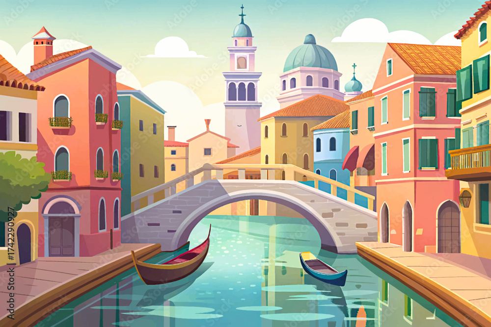 Fototapeta premium Venice Italy vector, canals and bridges, romantic city, architecture wonder