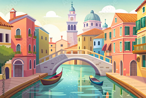Venice Italy vector, canals and bridges, romantic city, architecture wonder
