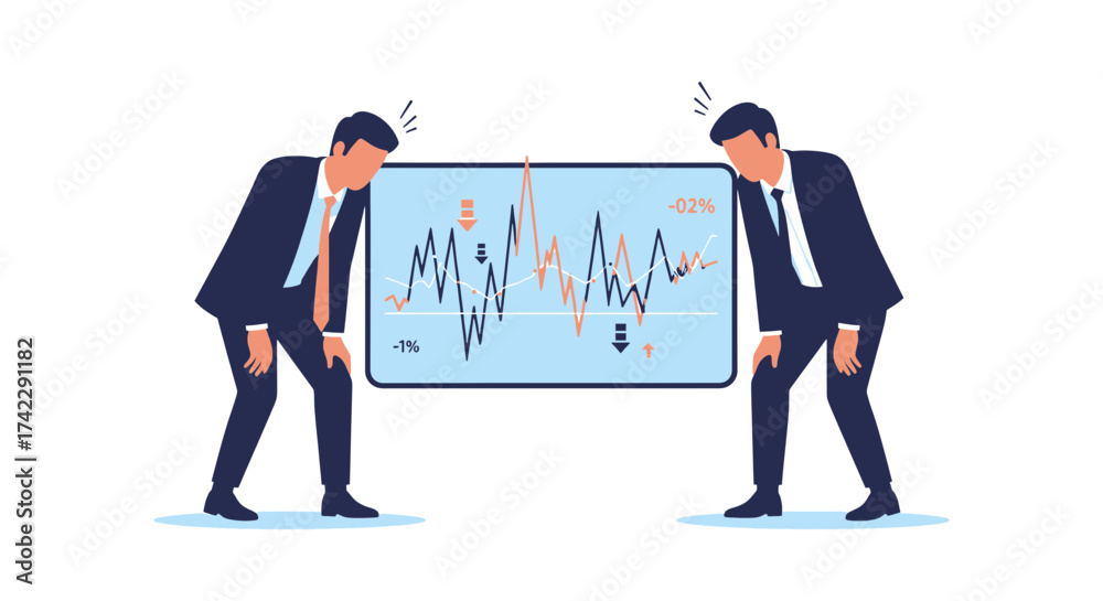 Fototapeta premium Businessmen looking at a stock market chart with a negative trend.