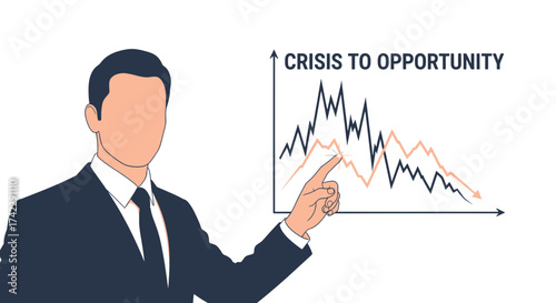 Business professional presenting a financial graph illustrating crisis to opportunity.