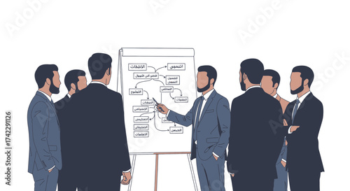 Business presentation with a man explaining a diagram to a group of people.