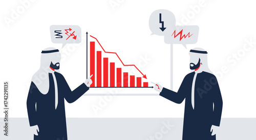 Businessmen discussing financial crisis with a downward trend graph.