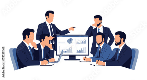 Business team meeting discussing financial data and charts on the screen.