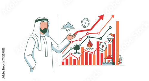 Arab man presenting climate change data with rising trends and natural disasters.