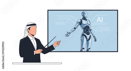 Arab man presenting AI robot on screen in a business meeting.