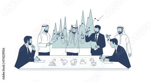 Business meeting with data analysis and weather forecast discussion.