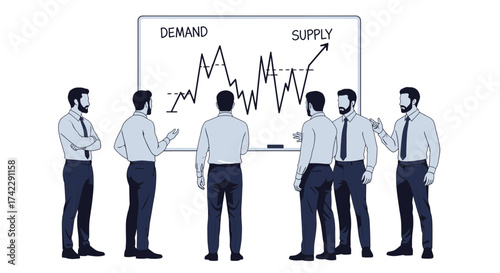 Business team discussing market trends and supply demand on a whiteboard.
