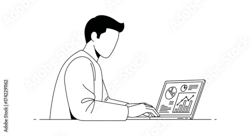 Man working on laptop with data analysis charts and graphs.