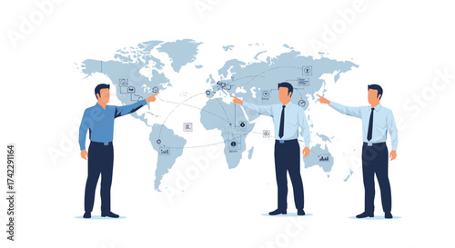 Business professionals pointing at a world map global networking and business strategy.