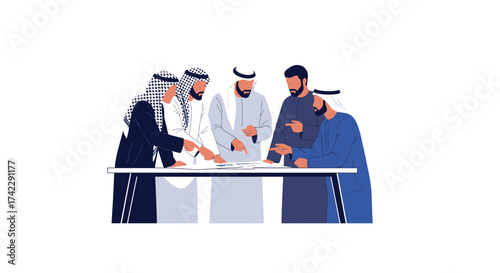 Arab businessmen in traditional attire discussing business plans at a table.