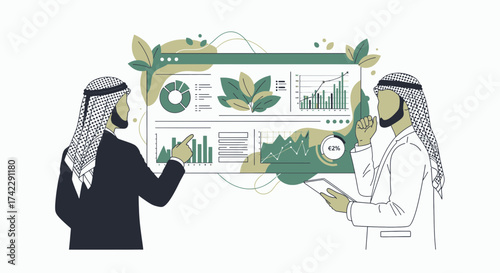 Two Arab Businessmen Analyzing Financial Data on a Digital Display.