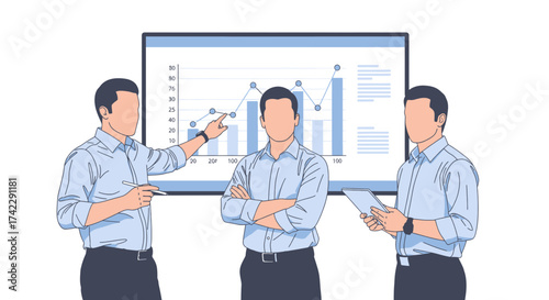 Business team presentation with graph and chart analysis discussing financial data.